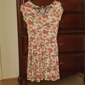 Cream and pink floral rose crochet back dress